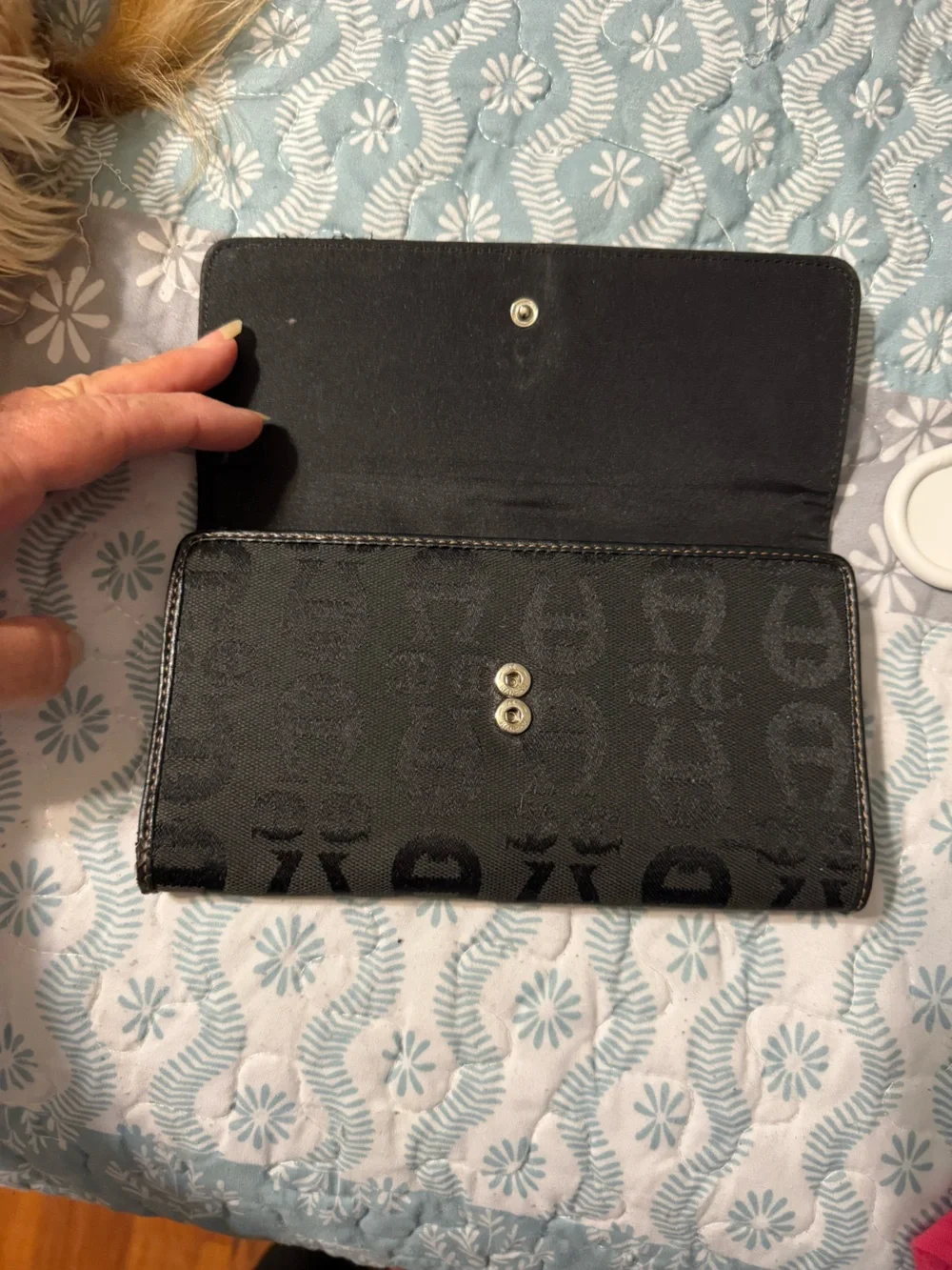 Etienne Aigner Black Signature Monogram Trifold Checkbook Organizer Wallet